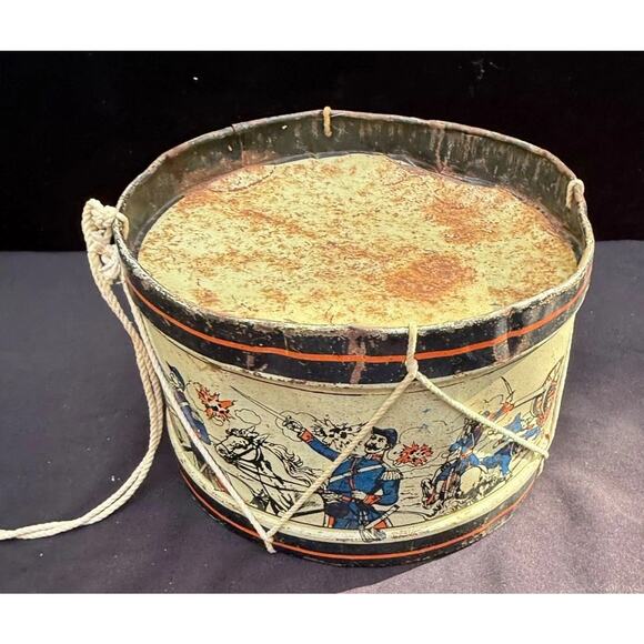 1800S EARLY CHILD'S TIN DRUM WITH ORIGINAL STRINGS WAR BATTLE ON SIDE CONVERSE - Picture 4 of 14